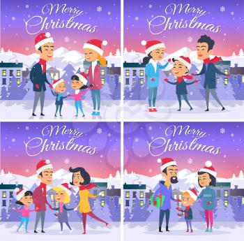 Merry Christmas on city and blue sky background. Vector illustration of happy family father mother and children in the street. Behind house are white fir trees mountains path and block of flats.