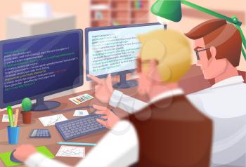 Web developers poster, programmers looking at coding and trying to improve it, office with lamp, papers and pens, cactus on vector illustration