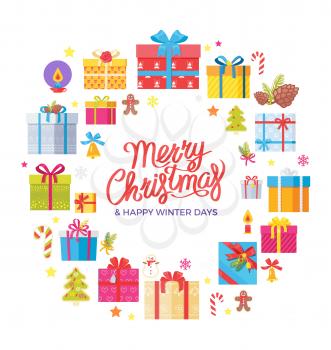 Merry Christmas and happy winter days congratulation poster with round frame made of present gift boxes and New Year symbols vector illustration
