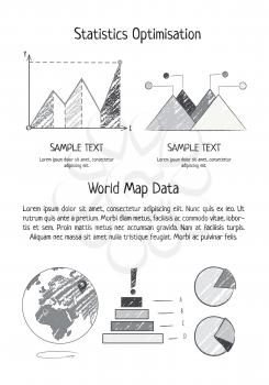 Statistics optimization and world map poster with Earth icon and statistics represented by graphs, background of vector illustration is white