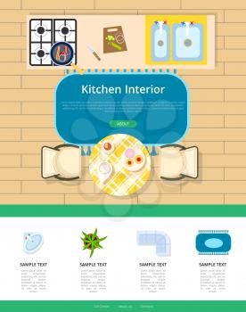 Kitchen interior design with stove, stainless sink, carpet, table with served breakfast and two chairs. Vector illustration with space for content and buttons