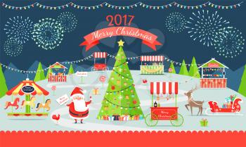 Merry Christmas poster representing market with Santa Claus, reindeer and tree, carousel and presents, fireworks in sky on vector illustration