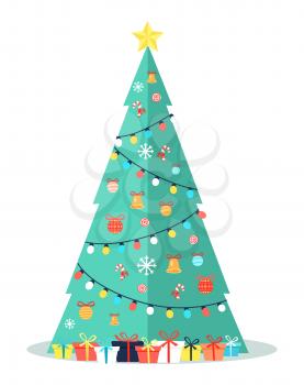 Decorated Christmas tree with garlands, bells and bows on ribbons, golden star on top and many packed presents in gift boxes vector illustration on white
