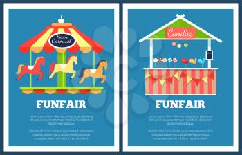 Funfair set of two posters with carousels and booths on blue background. Vector illustration with colorful attractions and food kiosks with candies