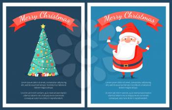 Merry Christmas set of posters with Santa Claus and bright decorated traditional tree. Vector illustration with xmas symbol on blue background