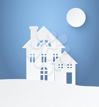 Winter Landscape paper silhouettes light postcard with small family buildings on light background. Vector illustration with snowy panorama illuminated by moon