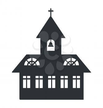 Church building silhouette icon isolated on white background. Vector illustration with black house equipped with small cross on top of roof and bell
