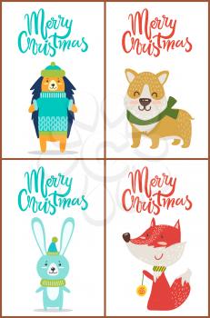 Merry Christmas set of posters with funny animals dressed in sweaters and funny hats. Vector illustration with friendly dog, fox and hare on white background