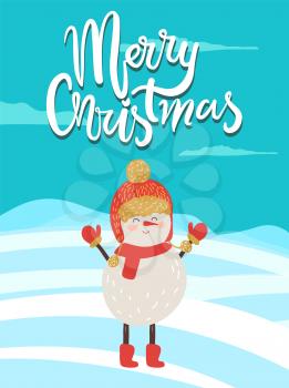 Merry Christmas poster congratulation from snowman dressed in red knitted scarf, hat with bubo and mittens vector illustration on winter landscape