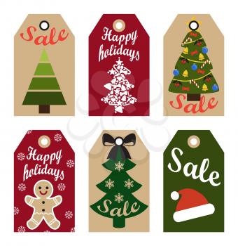 Happy holidays sale labels promo stickers with gingerbread boy, Santa Claus hat and abstract New Year trees vector illustration ready to use adverts