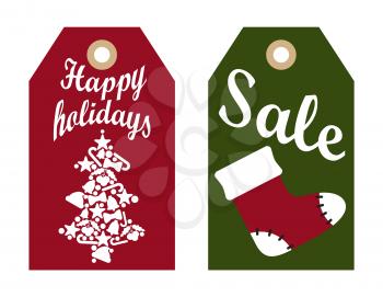 Happy holidays sale promo labels with red sock and decorated abstract tree, symbols of Christmas and New Year vector tags informing about discounts