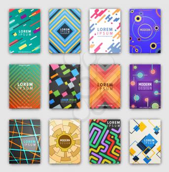 Collection of cover pages, images of coverings with geometric patterns made up of lines, curves and circles on vector illustration