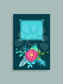 Book cover design with hand drawn pink flowers with green leaves at bottom and place for text in frame vector illustration, border with blossom
