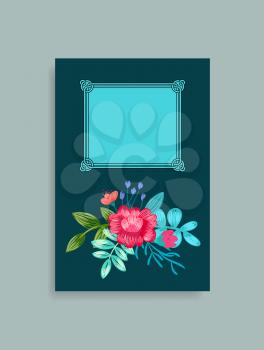 Photo album cover design with hand drawn pink flowers with green leaves at bottom and place for text in frame vector illustration, border with blossom