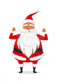 Santa Claus with hands raised up isolated on white. Father Christmas decorative statue in cartoon design. Funny magic character with closed eyes illustration in winter holiday concept in flat design