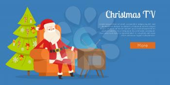 Christmas TV calm rest concept vector illustration. Sitting Santa Claus in orange big armchair near TV set web banner. Decorated tree behind him. Cartoon personage watches television at New Year Eve.