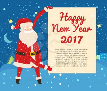 Happy New Year 2017 postcard from Santa Claus on dark snowy night background. Vector illustration of standing man in red warm coat and trousers, soft hat and gloves, black belt, boots among field.