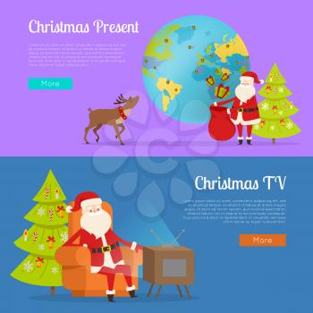 Christmas present and TV programme with Santa Claus on purple and blue background. Man with reindeer send gifts all around world. Vector illustration of Santa watching interesting holiday show.