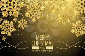 Merry Christmas and Happy New Year congratulation banner with glittering snowflakes, sparkling gold elements, bright splashes on golden background vector