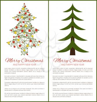 Merry Christmas and Happy New Year posters green tree carcass and balls, symbolic pine presented in schematic way, baubles collection vector with text