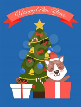Happy New Year poster with smiling corgi dog in Santa s hat, decorated Christmas tree with bows, bells garlands and star vector illustration postcard