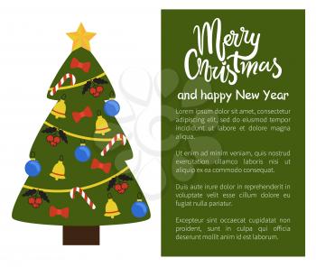 Merry Christmas Happy New Year poster with tree decorated by golden bells, candy sticks, blue balls and garlands vector web banner with place for text