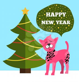 Happy New Year greetings poster evergreen Christmas tree with color garlands and pink cartoon dog having black spots vector illustration symbols icons