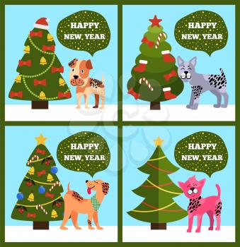 Happy New Year posters set, dogs of different breeds and tree with mistletoe, garlands, balls and bells, bow and sock on vector illustration