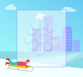 Winter banner with filling form for you to place your own text, child going downhill on sledge cityscape on background on vector illustration