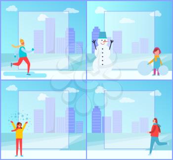 Banners set on winter theme, people doing different activities, girl creating snowman and man skiing on ice, collection on vector illustration