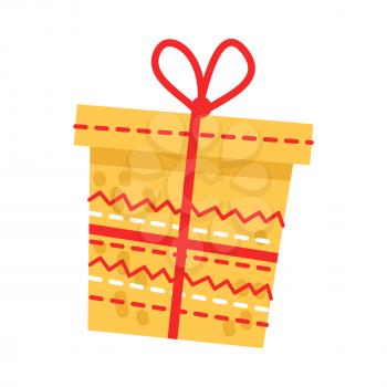Big yellow embroidered present with red thin ribbon on white background. Vector illustration of Christmas gift as element of holiday decor. Box with its own design of red and white stitches on walls