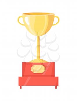 Golden trophy cup on pedestal vector illustration. Shiny award, goblet with handles on red stand with label on rank, rewarding icon, sport theme.