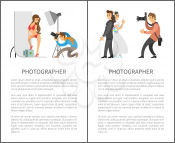 Photographers service for wedding and studio shooting web banners. Model in swimsuit, wedding day photo session, digital camera vector illustrations.
