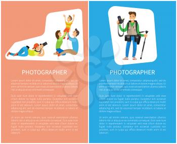 Photographer taking pictures of happy family mother, father and son vector poster with text. Freelance journalist, professional camera gear and tripod