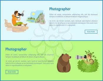 Landscape and animal photographers web banners. Man on rock or guy in bush shooting bear with powerful zoom cameras cartoon vector illustrations.