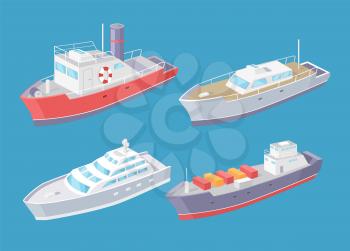 Water transport, transporting cargo in boxes, shipment and delivery of goods by sea set vector. Ferry and yacht for people passengers and voyagers