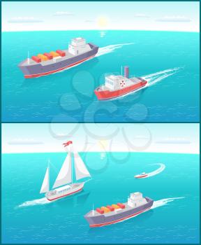 Water transport cargo boat with boxes for shipment on distances and sailing ship vector. Set of vessels for different purposes on sea ocean water