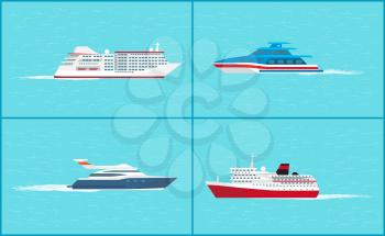 Water transport, yacht for people transportation, sea trip vessels set vector. Ships and cruise liners created for passengers comfortable voyages