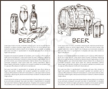 Beer objects set hand drawn vector sketches. Full tumblers with flowing foam and can, bottle and wooden barrel, lobster and chips vintage template