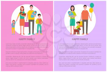 Mother with baby on hands, father holding balloons, son with wrapped present and daughter with toy. Happy family spending time together concept vector