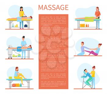 Medical massage room cartoon sample banner with text. Hot stone and facial, with apparatus and self, on armchair and on rug, treatment massaging session
