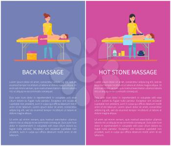 Back and hot stone session of medical massage vector cartoon set. Girl masseur in uniform massaging patient lying on table, posters with text sample