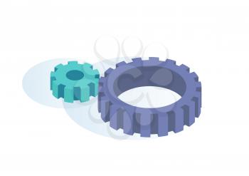 Big and small gears spinning thanks to each other isolated cartoon vector banner. Metal cogwheels, cog tools moving together, work in team symbol