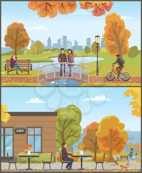 Couple standing on bridge lake, feeding birds set of activities vector. Cityscape and cafe coffee shop with customer male drinking beverage by table