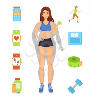 Sport and diet weight loss, woman with transformed body, slender lady with fruit in hands. Dumbbells and meter measurement, running lady set vector