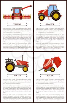 Tractor and combine set of posters with text sample and agricultural machinery. Equipment for farming works, baler stacker and loader vector harvesters