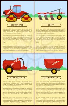 Agricultural machinery set cartoon vector banner. Big tractor with caterpillar band and plow, grain trailer and slurry tanker, isolated technique