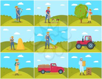 Beekeeper and farming man with rake spreading compost on ground. Chicken feeding, piglet hens tending. Tractor and lorry agricultural machines vector