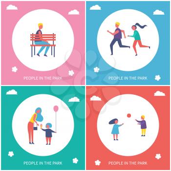 People spend time in park characters in cartoon style vector banner set. Guy resting sitting on bench and couple jogging, kids playing volleyball outdoor