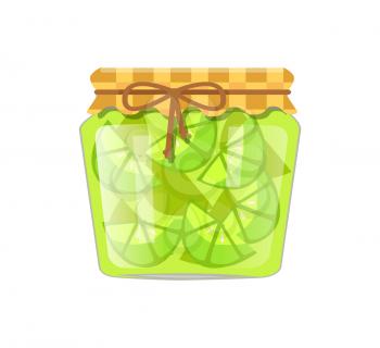 Lime or lemon home cooked jam or marmalade in small glass jar. Citrus confiture in decorated with textile and string container vector illustration.
